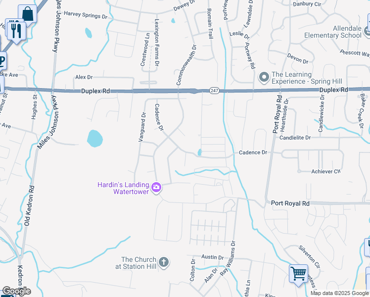 map of restaurants, bars, coffee shops, grocery stores, and more near 4039 Cadence Drive in Spring Hill