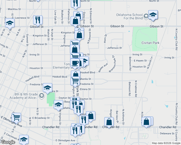map of restaurants, bars, coffee shops, grocery stores, and more near 2501 Haskell Boulevard in Muskogee