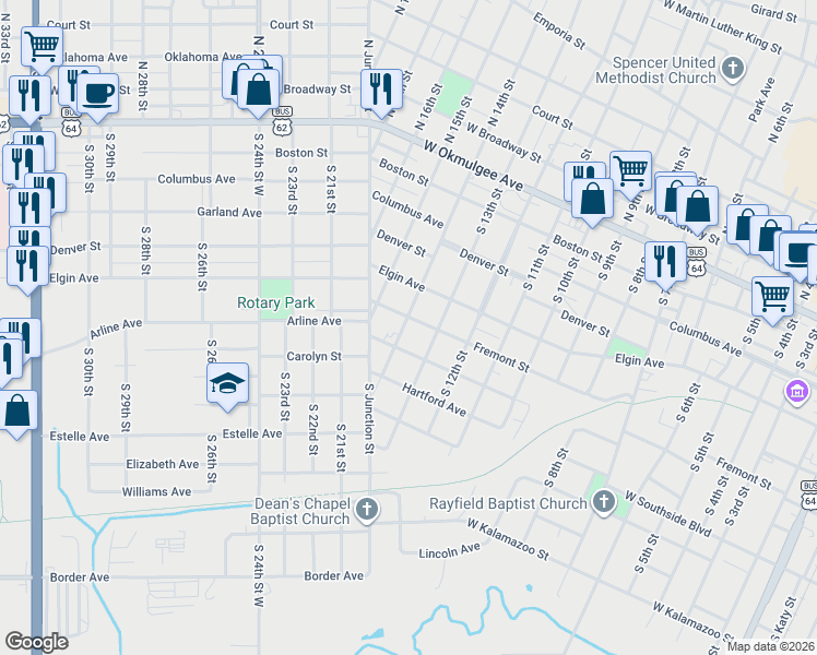 map of restaurants, bars, coffee shops, grocery stores, and more near 1324 Georgetown Avenue in Muskogee