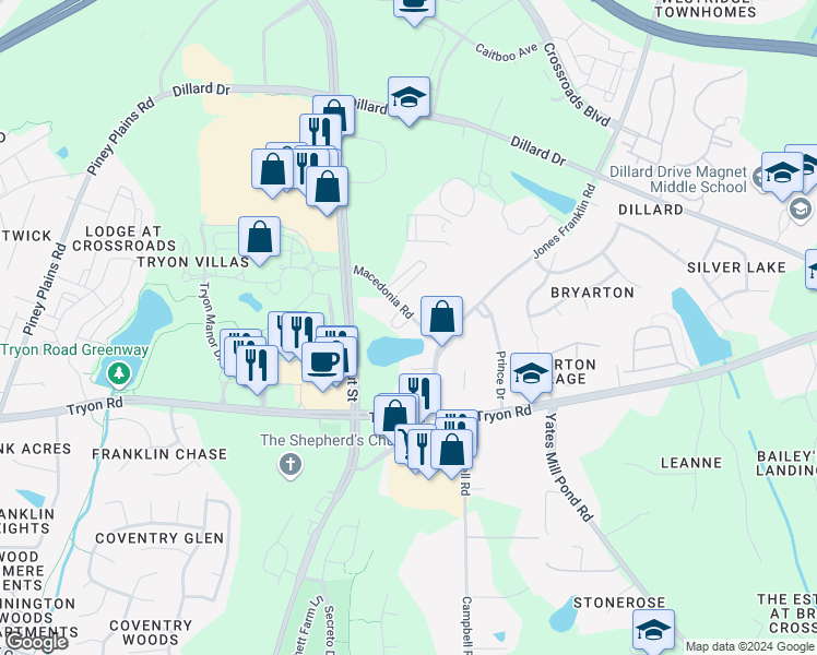 map of restaurants, bars, coffee shops, grocery stores, and more near 2808 Macedonia Road in Cary