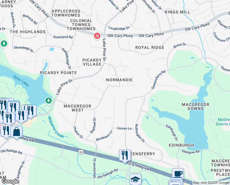 map of restaurants, bars, coffee shops, grocery stores, and more near 306 Bordeaux Lane in Cary