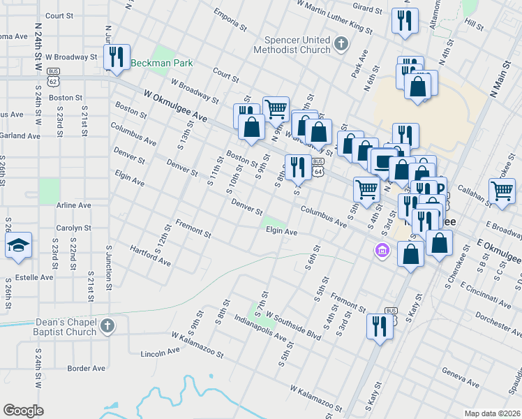 map of restaurants, bars, coffee shops, grocery stores, and more near 407 South 8th Street in Muskogee