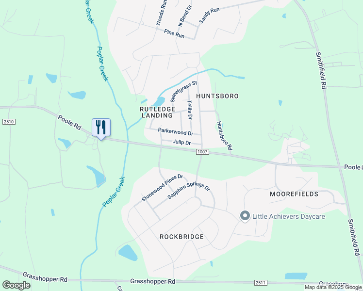 map of restaurants, bars, coffee shops, grocery stores, and more near 5144 Julip Drive in Knightdale