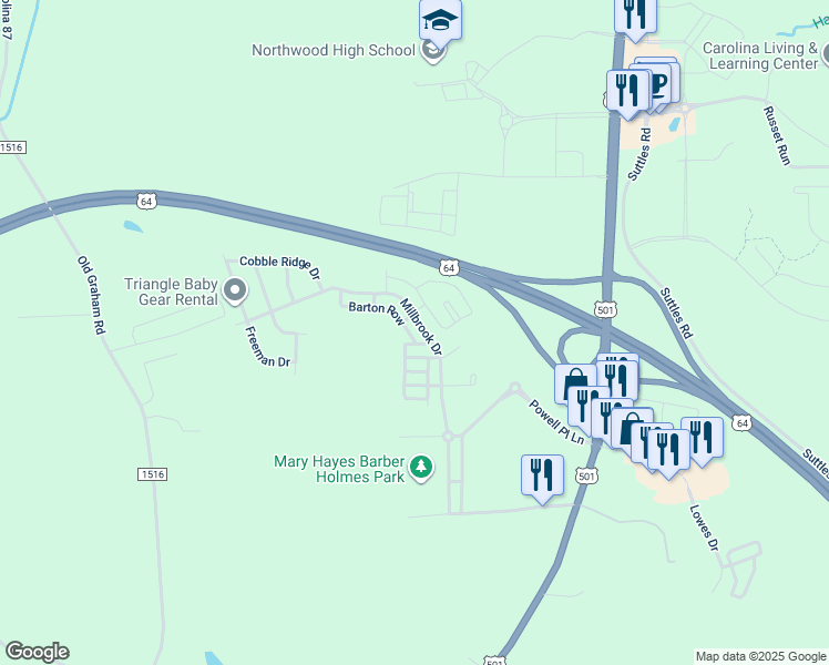 map of restaurants, bars, coffee shops, grocery stores, and more near 463 Millbrook Drive in Pittsboro