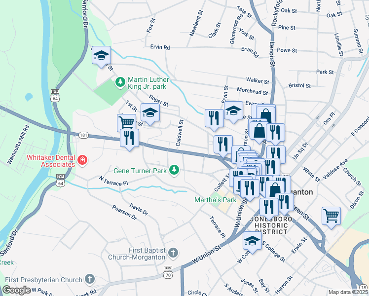 map of restaurants, bars, coffee shops, grocery stores, and more near 215 Howard Street in Morganton