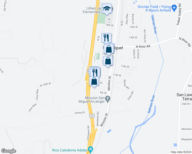 map of restaurants, bars, coffee shops, grocery stores, and more near 249 10th Street in San Miguel