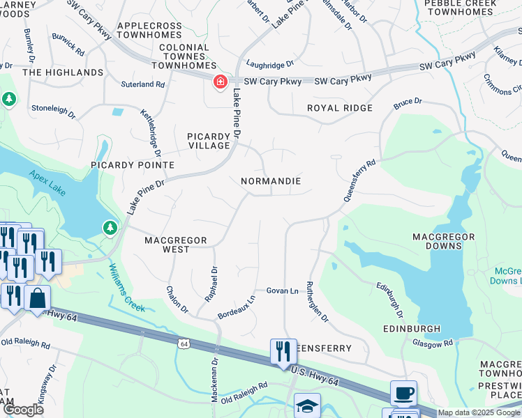 map of restaurants, bars, coffee shops, grocery stores, and more near 306 Bordeaux Lane in Cary