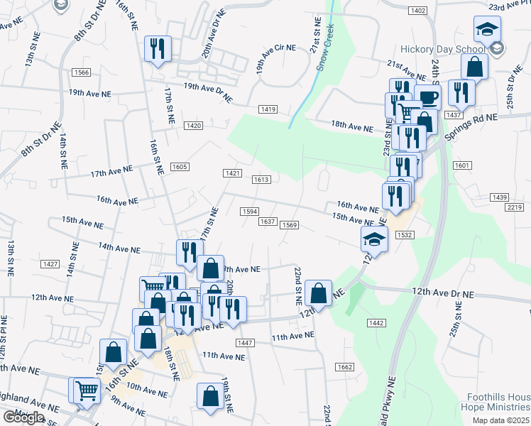 map of restaurants, bars, coffee shops, grocery stores, and more near 1489 20th Street Northeast in Hickory