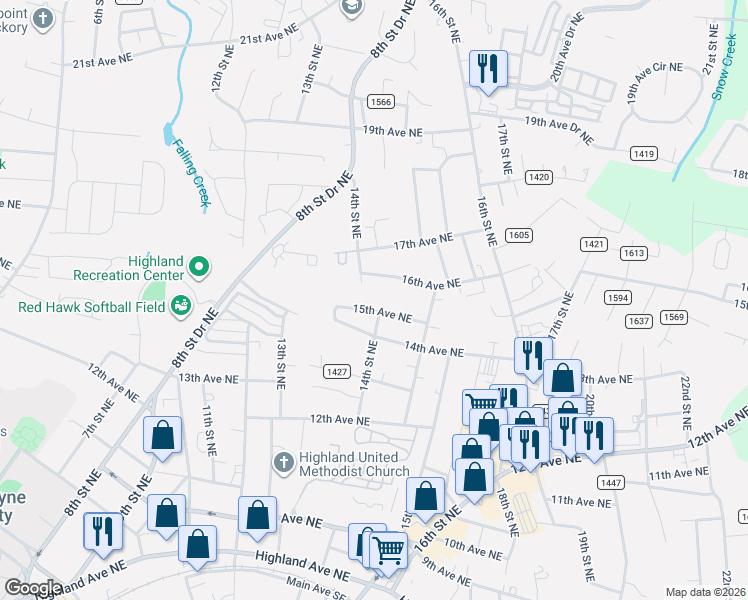map of restaurants, bars, coffee shops, grocery stores, and more near 1425 14th Street Northeast in Hickory