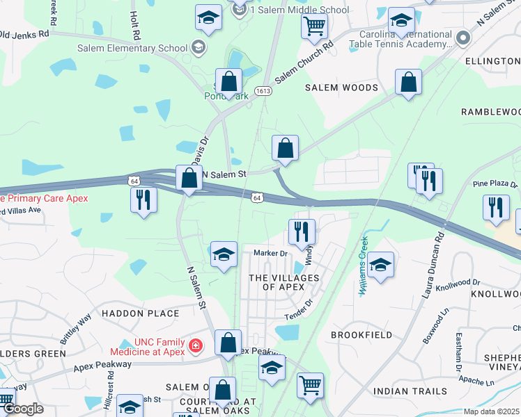 map of restaurants, bars, coffee shops, grocery stores, and more near 1140 Boxcar Way in Apex