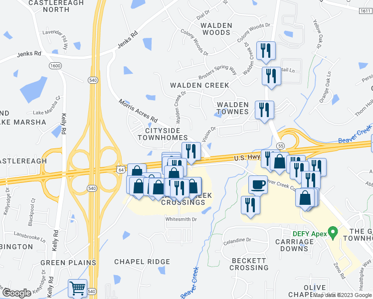 map of restaurants, bars, coffee shops, grocery stores, and more near 2500 Creekside Landing Drive in Apex