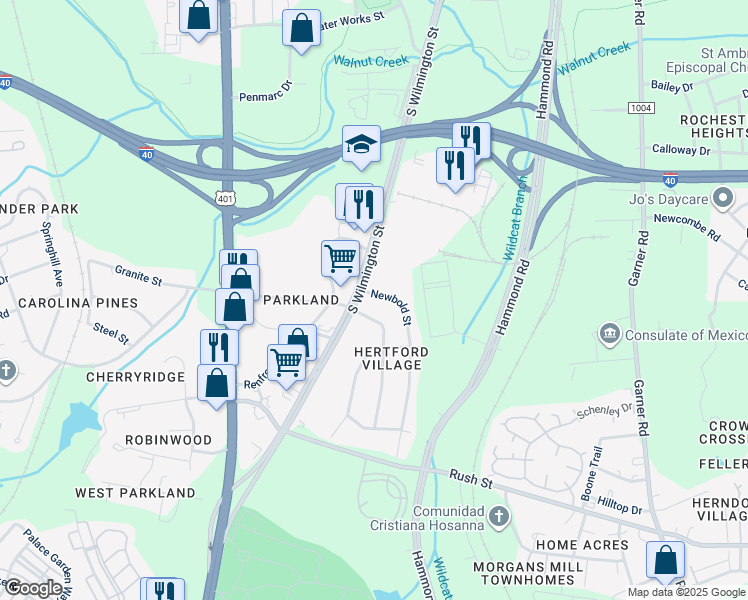 map of restaurants, bars, coffee shops, grocery stores, and more near 2504 Newbold Street in Raleigh