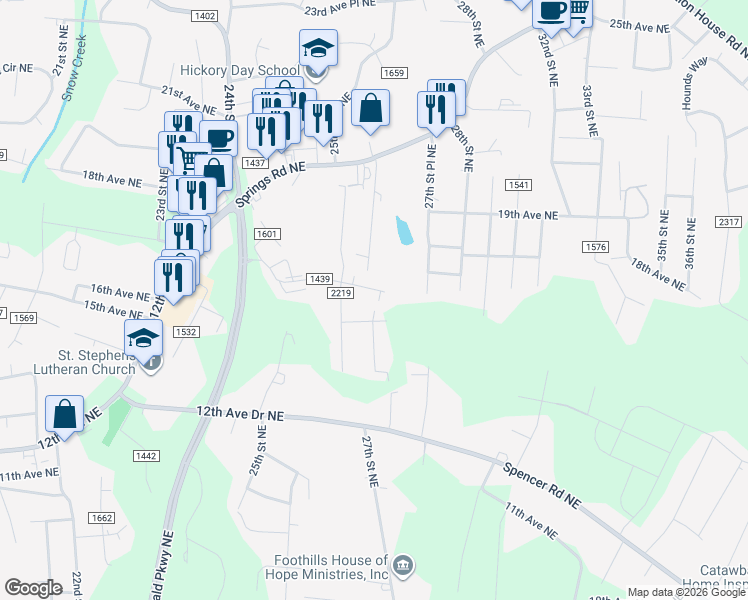 map of restaurants, bars, coffee shops, grocery stores, and more near 2699 16th Avenue Place Northeast in Hickory