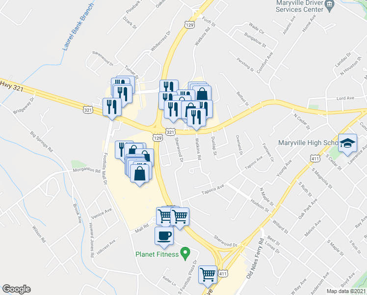 map of restaurants, bars, coffee shops, grocery stores, and more near 105 Sherwood Place Way in Maryville