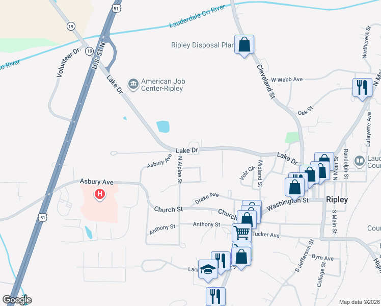 map of restaurants, bars, coffee shops, grocery stores, and more near 146 Westwood Circle in Ripley