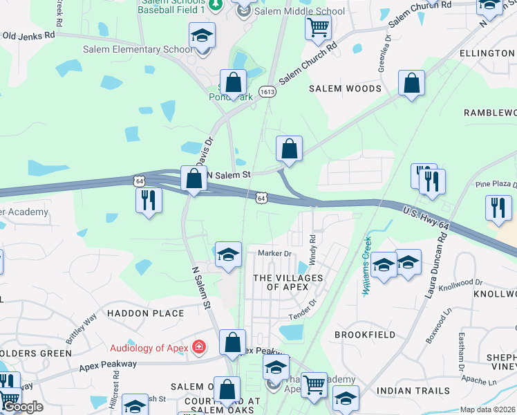 map of restaurants, bars, coffee shops, grocery stores, and more near 1176 Boxcar Way in Apex