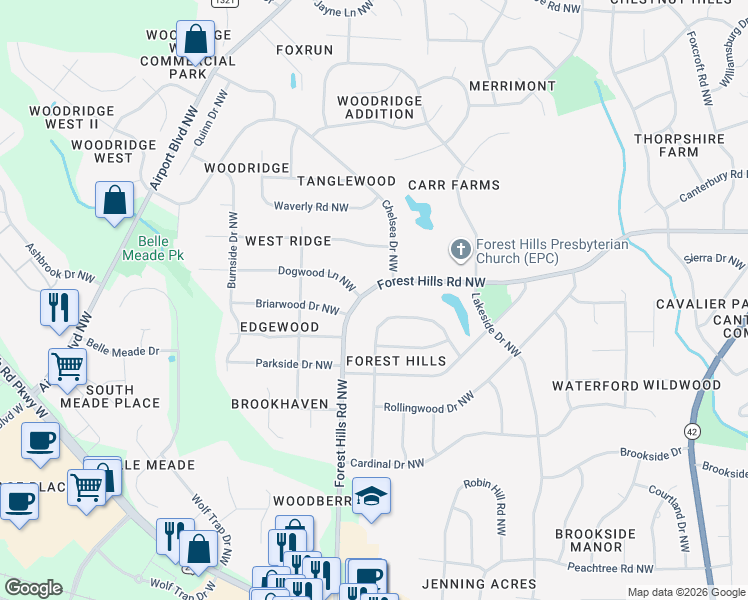 map of restaurants, bars, coffee shops, grocery stores, and more near 1122 Knollwood Drive Northwest in Wilson