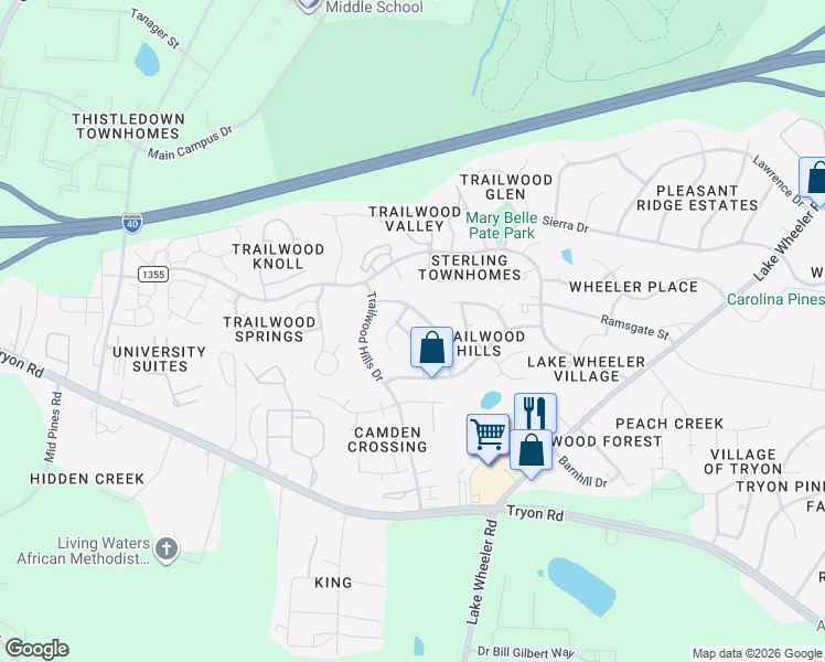 map of restaurants, bars, coffee shops, grocery stores, and more near 2409 Appalachian Drive in Raleigh