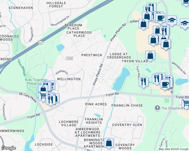map of restaurants, bars, coffee shops, grocery stores, and more near 2500 Piney Plains Road in Cary