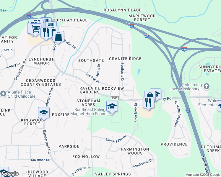 map of restaurants, bars, coffee shops, grocery stores, and more near 2410 Brenda Drive in Raleigh
