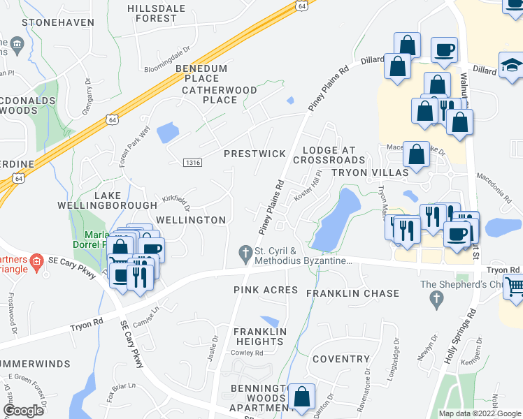 map of restaurants, bars, coffee shops, grocery stores, and more near 2500 Piney Plains Road in Cary