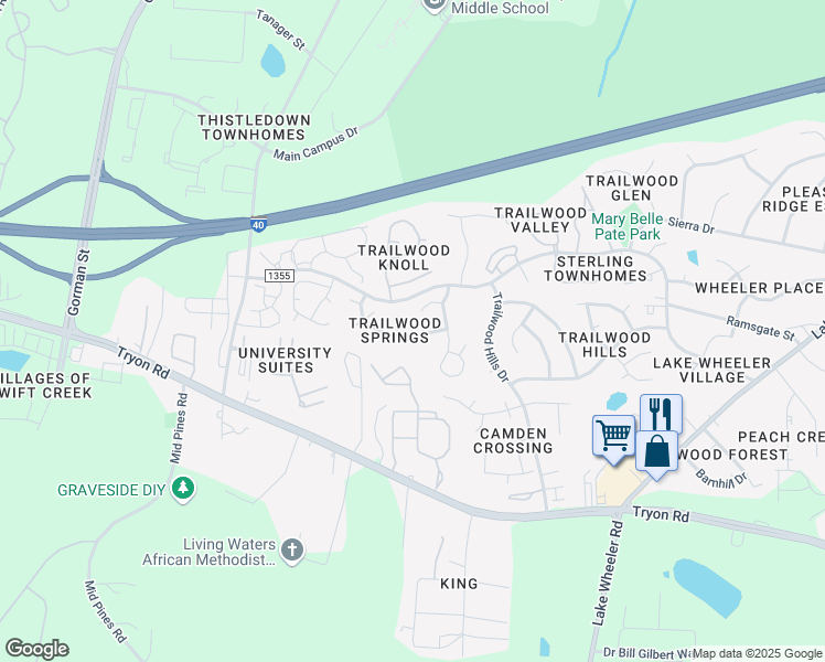 map of restaurants, bars, coffee shops, grocery stores, and more near 2820 Isabella Drive in Raleigh