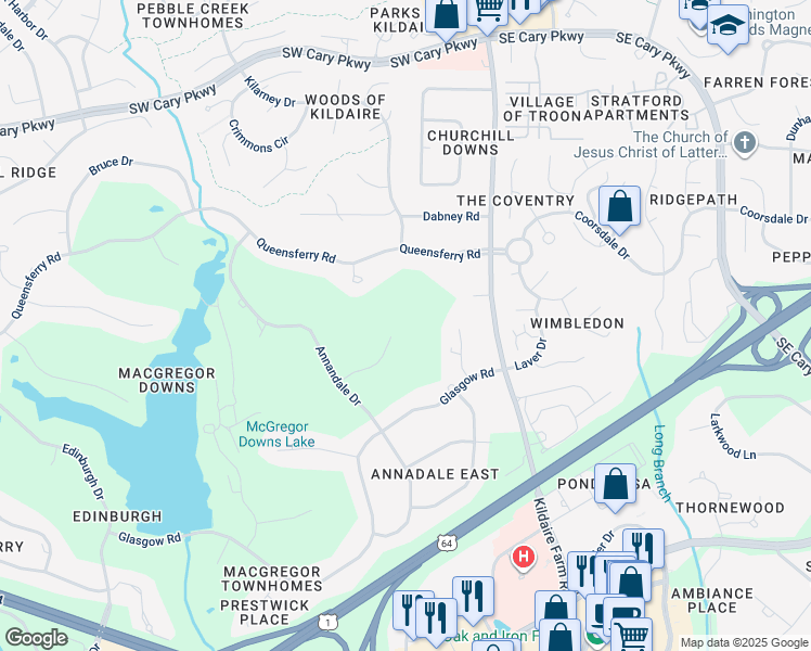 map of restaurants, bars, coffee shops, grocery stores, and more near 114 Dundee Court in Cary