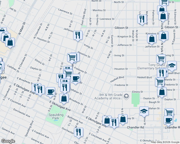 map of restaurants, bars, coffee shops, grocery stores, and more near 1113 Fredonia Street in Muskogee