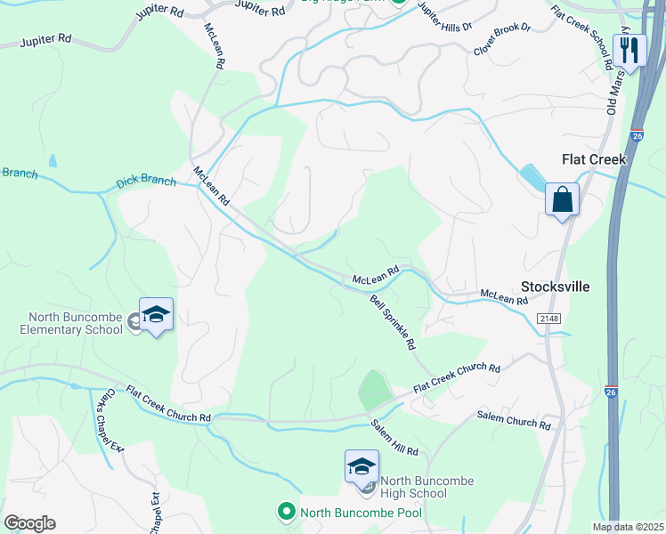 map of restaurants, bars, coffee shops, grocery stores, and more near 120 Bell Sprinkle Road in Weaverville