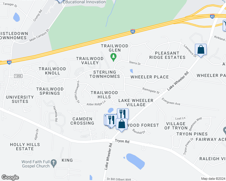 map of restaurants, bars, coffee shops, grocery stores, and more near 2508 Horizon Hike Court in Raleigh