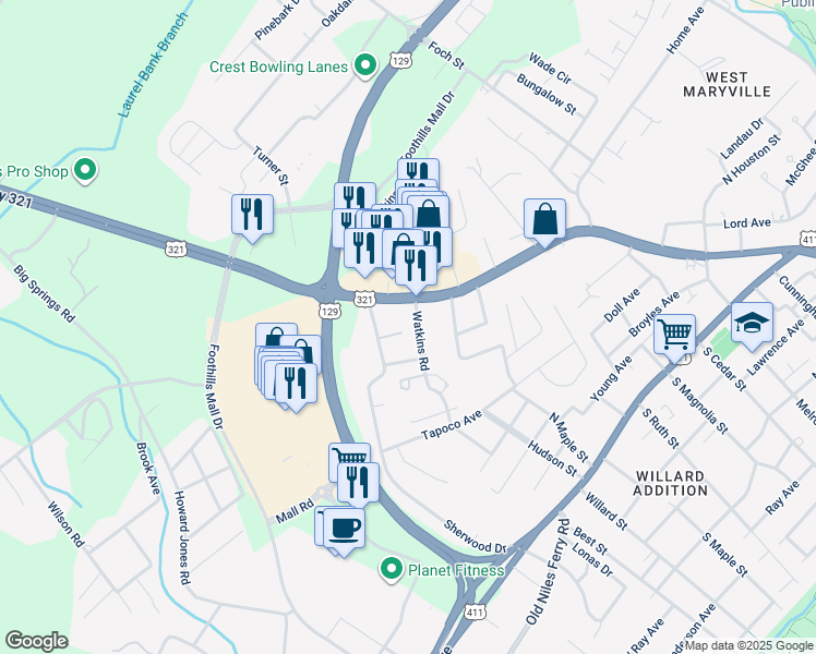 map of restaurants, bars, coffee shops, grocery stores, and more near 624 Watkins Road in Maryville