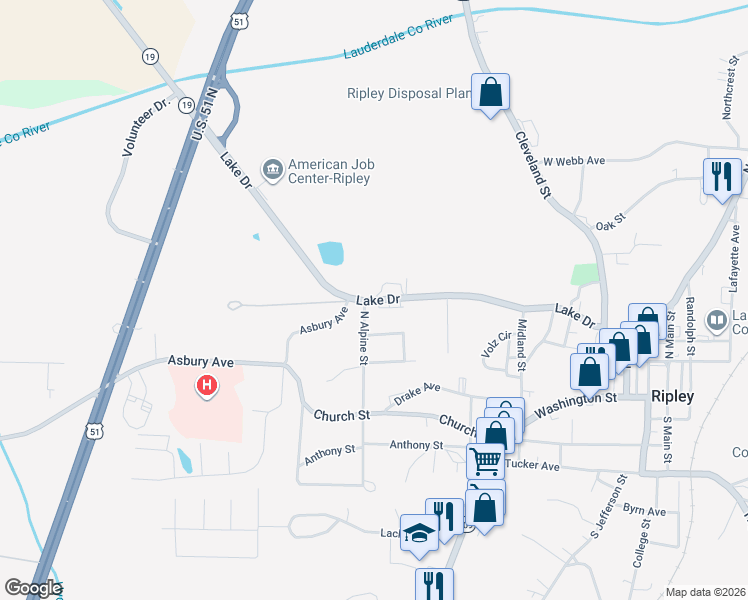map of restaurants, bars, coffee shops, grocery stores, and more near 146 Westwood Circle in Ripley