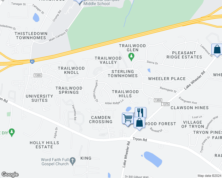 map of restaurants, bars, coffee shops, grocery stores, and more near 2420 Laurel Falls Lane in Raleigh