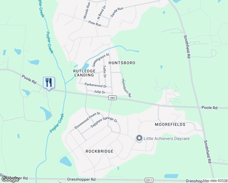 map of restaurants, bars, coffee shops, grocery stores, and more near 9203 Poole Road in Knightdale