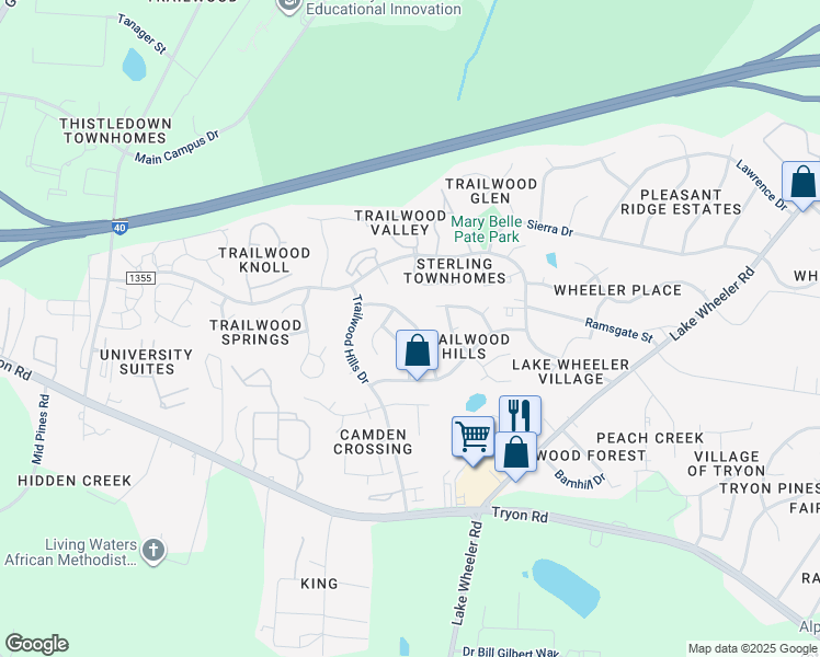map of restaurants, bars, coffee shops, grocery stores, and more near 2420 Laurel Falls Lane in Raleigh