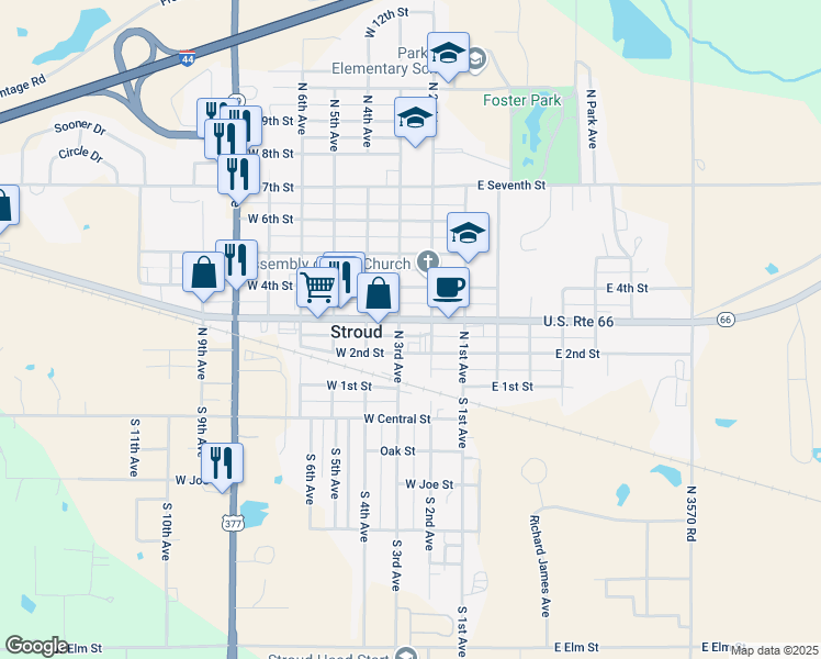 map of restaurants, bars, coffee shops, grocery stores, and more near 218 West Main Street in Stroud