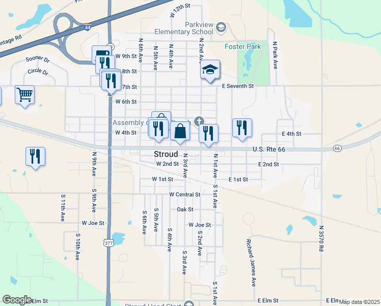 map of restaurants, bars, coffee shops, grocery stores, and more near 218 West Main Street in Stroud