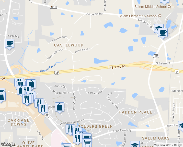 map of restaurants, bars, coffee shops, grocery stores, and more near 1501 Orchard Villas Avenue in Apex