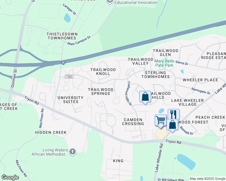 map of restaurants, bars, coffee shops, grocery stores, and more near 2012 Leadenhall Way in Raleigh