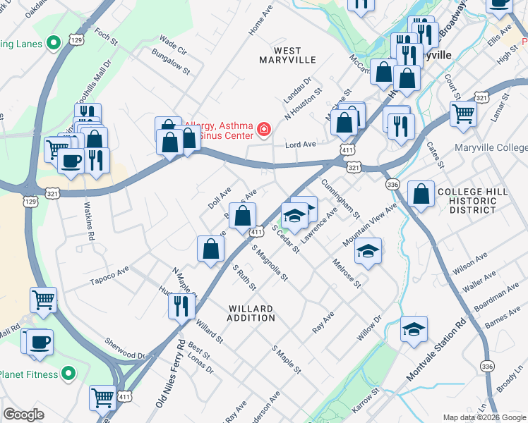 map of restaurants, bars, coffee shops, grocery stores, and more near 827 West Broadway Avenue in Maryville