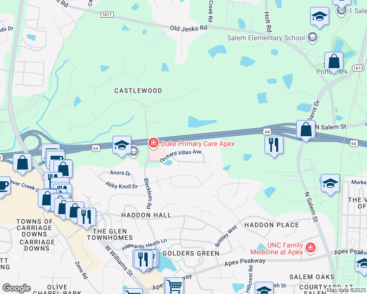 map of restaurants, bars, coffee shops, grocery stores, and more near 1501 Orchard Villas Avenue in Apex