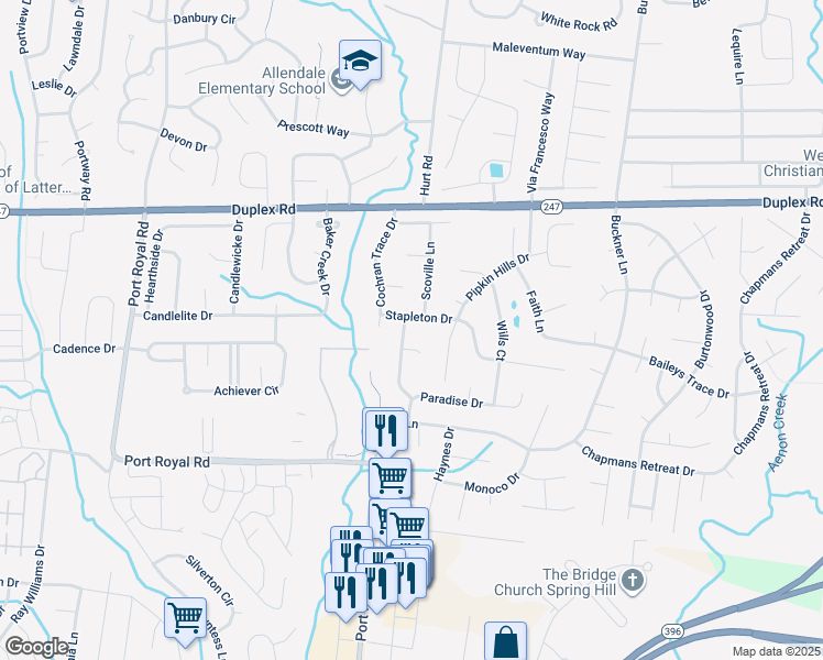 map of restaurants, bars, coffee shops, grocery stores, and more near 2804 Rippavilla Way in Spring Hill