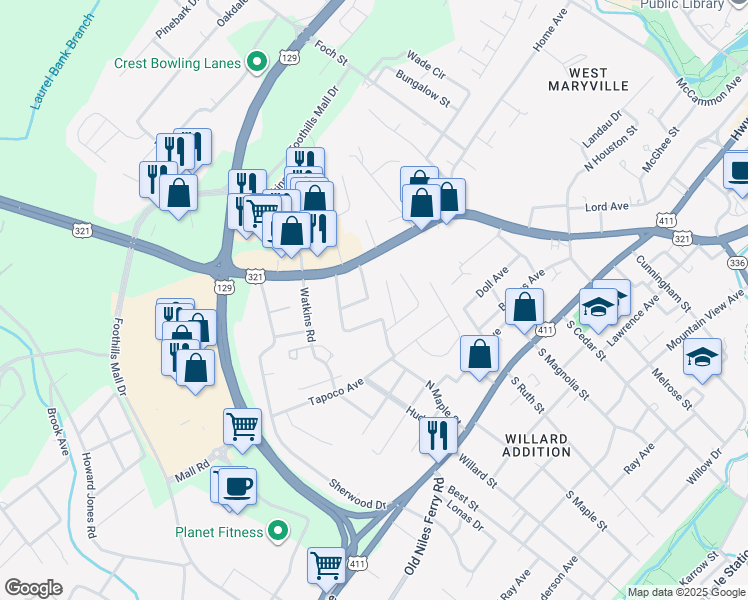 map of restaurants, bars, coffee shops, grocery stores, and more near 616 Weldon Drive in Maryville