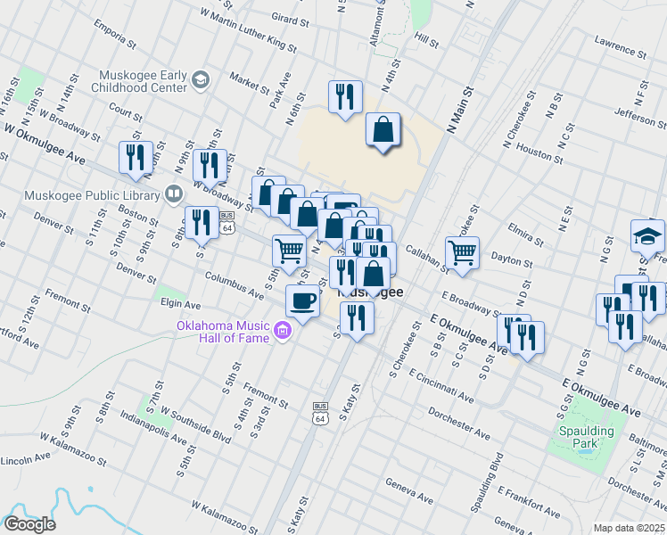 map of restaurants, bars, coffee shops, grocery stores, and more near 117 North 3rd Street in Muskogee