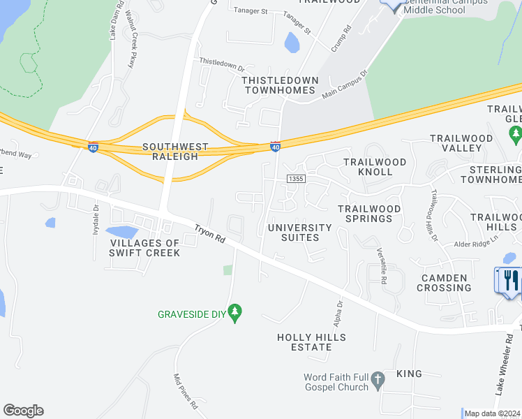 map of restaurants, bars, coffee shops, grocery stores, and more near 2011 Wolfmill Drive in Raleigh