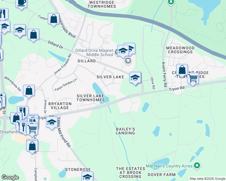 map of restaurants, bars, coffee shops, grocery stores, and more near 5204 Orabelle Court in Raleigh