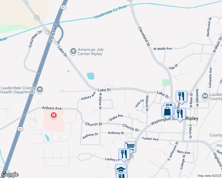 map of restaurants, bars, coffee shops, grocery stores, and more near 237 Lake Drive in Ripley