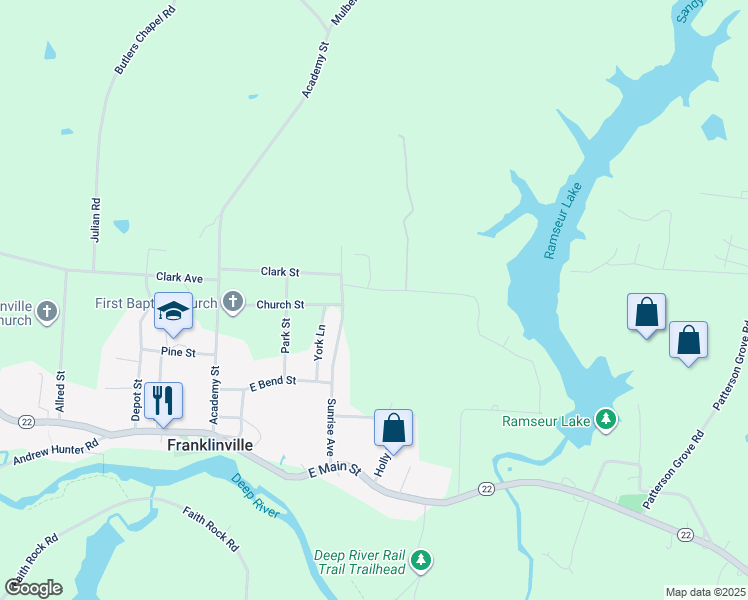 map of restaurants, bars, coffee shops, grocery stores, and more near 452 Matthews Street in Franklinville