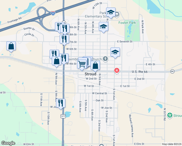 map of restaurants, bars, coffee shops, grocery stores, and more near 404 West Main Street in Stroud