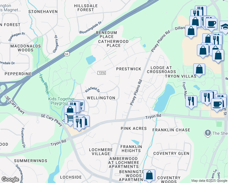 map of restaurants, bars, coffee shops, grocery stores, and more near 206 Hunters Crossing in Cary